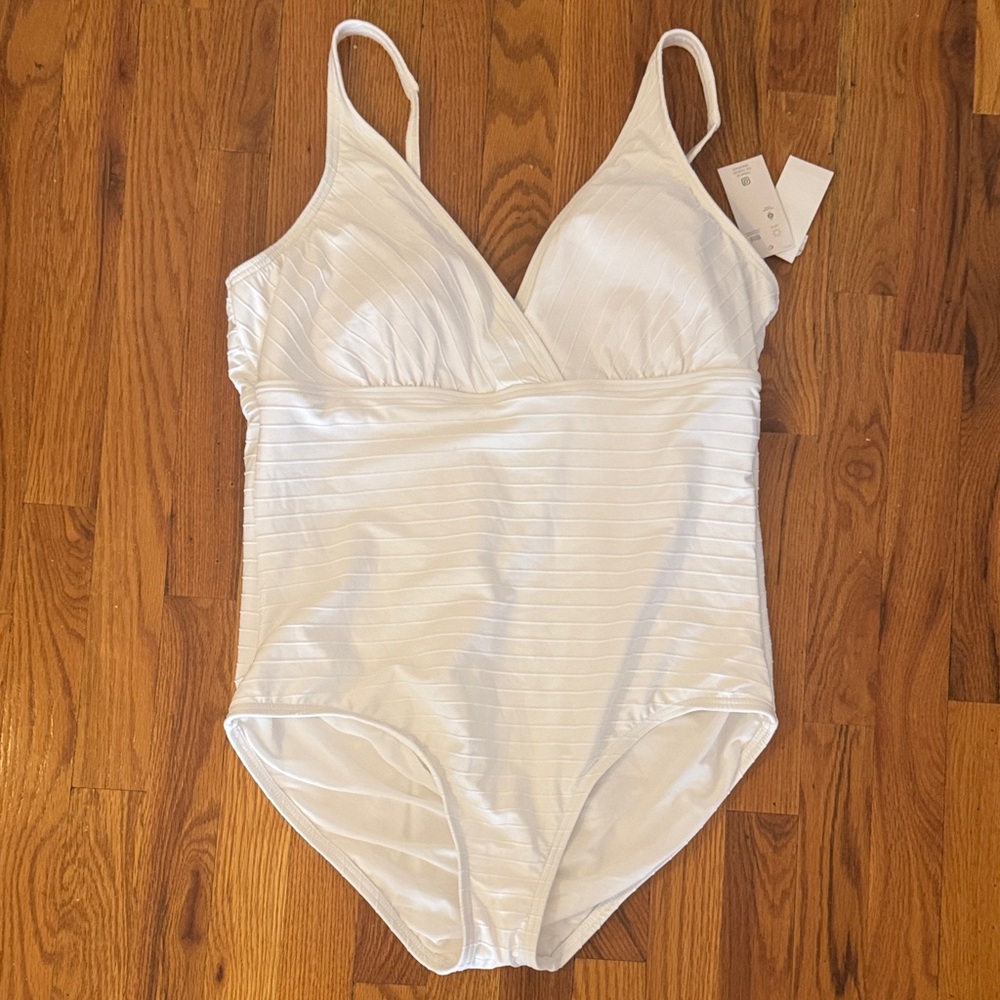 lands end Classic White One-Piece Swimsuit with Subtle Textured Stripes